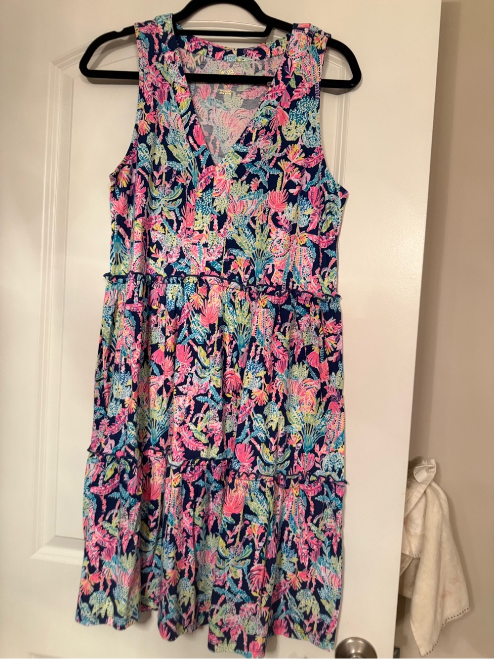 Lilly Pulitzer Navy Floral V-Neck Dress with Pink & Lime Accents